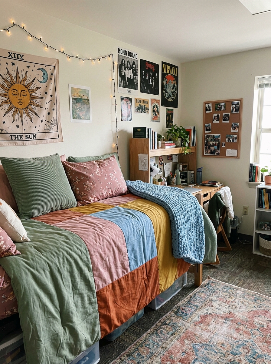 College dorm room with colorful comforter in dusty pink, sage green, sky blue, lavender, and terracotta inspired accents