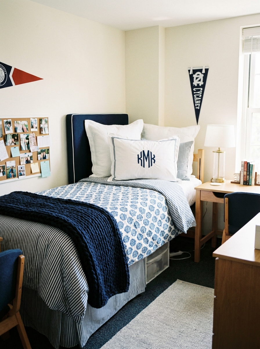Fresh college dorm bed with blue and white striped bedding, navy throw, framed prints, and preppy styling