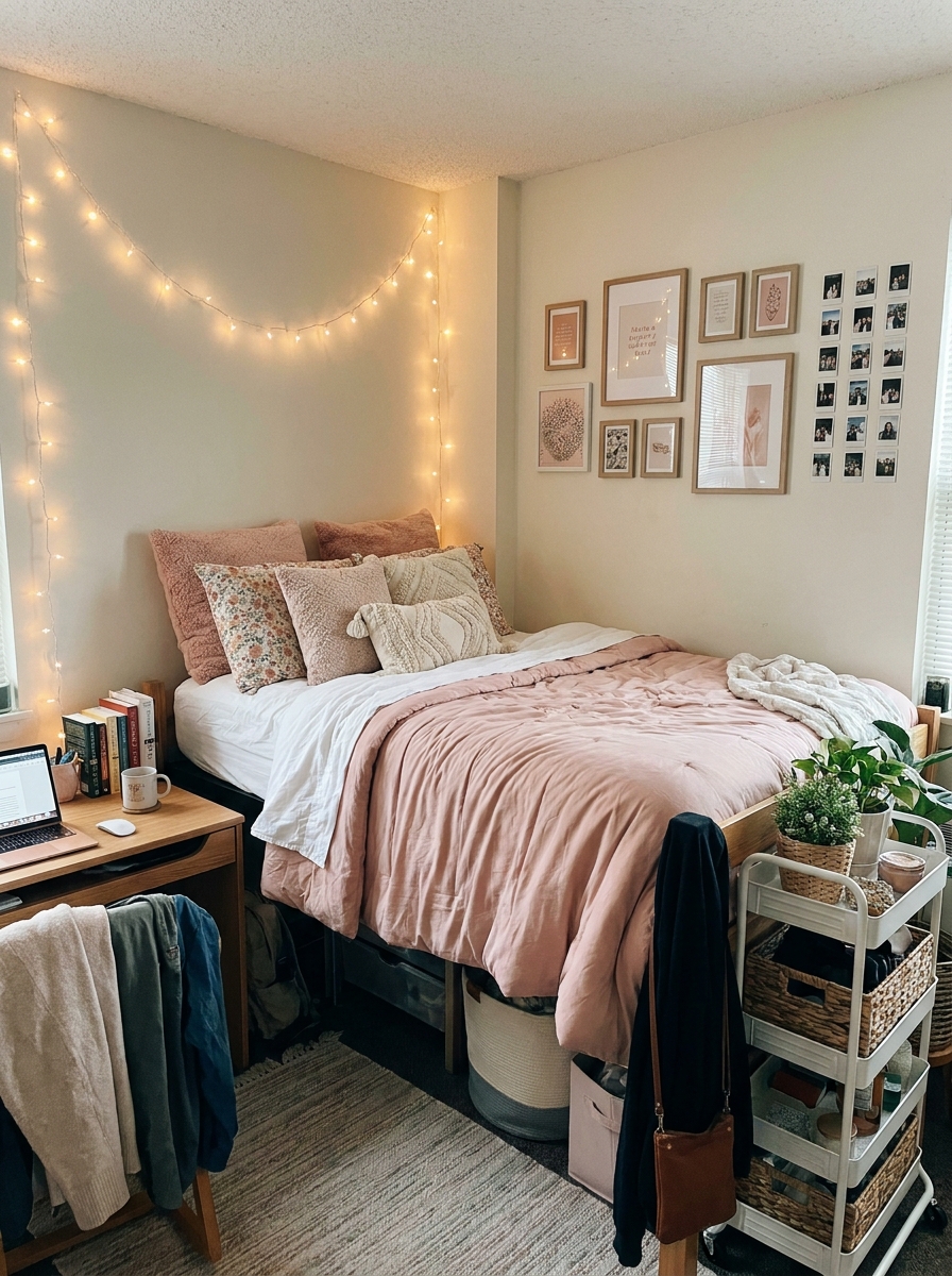 Soft pink dorm bedding with white sheets, neutral pillows, wood-toned accents, and playful cozy college decor