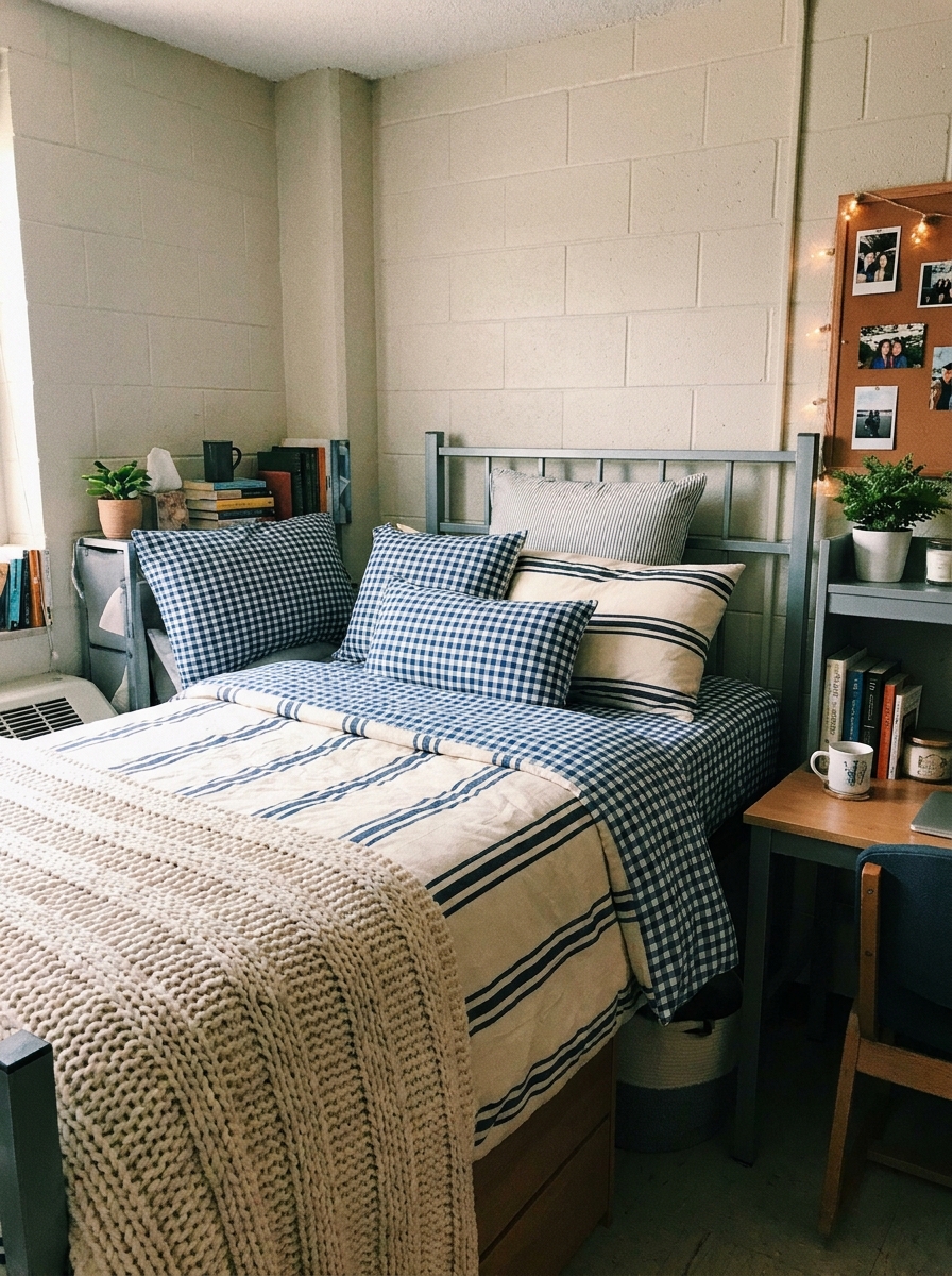 Dorm bed with gingham and striped bedding, colorful pillows, and lively coordinated college room decor