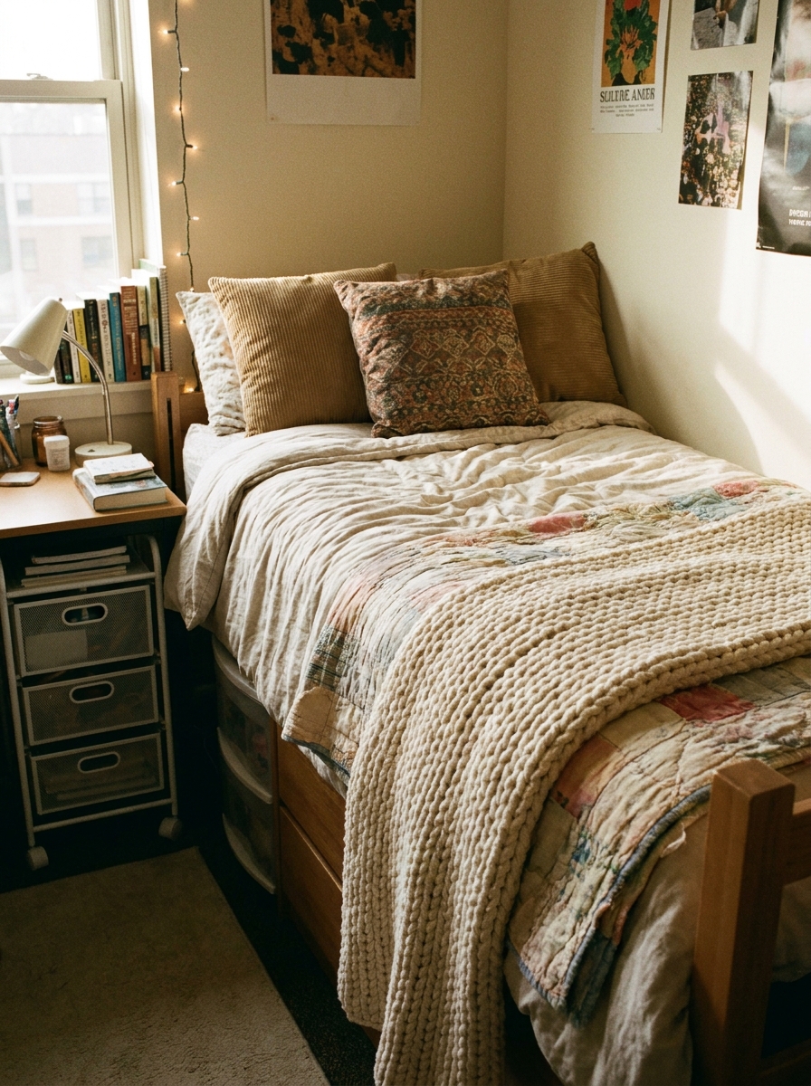 Dorm bed with knit throw blanket draped across foot of bed, layered pillows, and cozy study corner