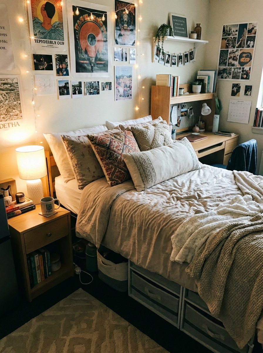 Dorm bed styled as lounge space with sleeping pillows, lumbar pillow, decorative cushions, and cozy throw