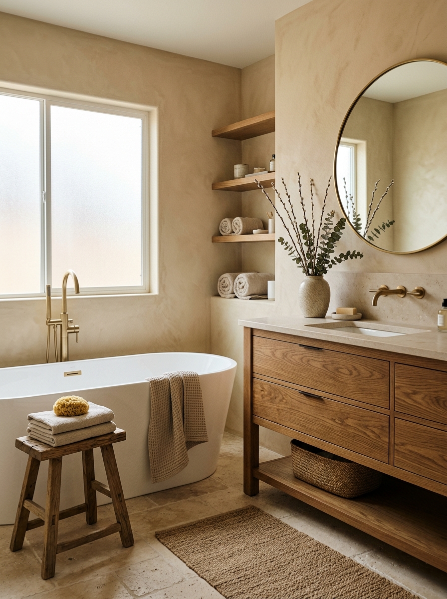 Warm earth tone bathroom with sandy beige walls, white freestanding bathtub, oak vanity, pale stone flooring, brass fixtures, linen towels, stool, and branches