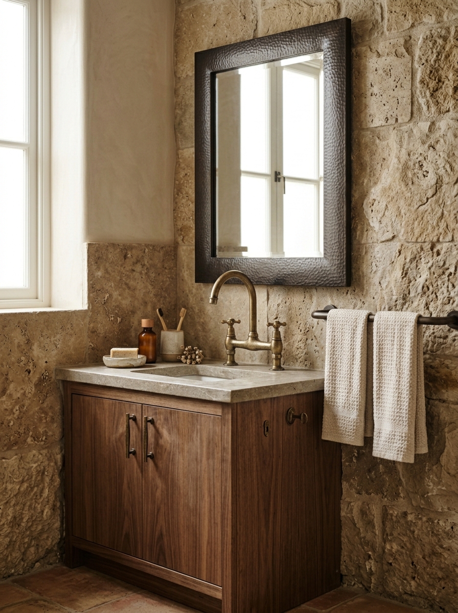 Earth tone bathroom detail with aged brass and bronze fixtures, stone vanity backsplash, walnut cabinetry, brass faucet, bronze mirror, towel rail, cream towels, and soap dish