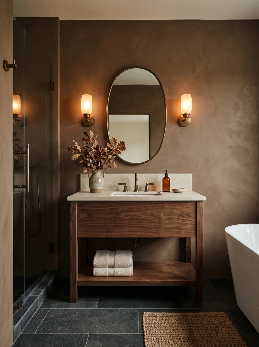 Moody earth tone bathroom with deep clay brown walls, dark walnut vanity, pale stone counter, charcoal floor tile, bronze fixtures, wall sconces, cream towels, and branches