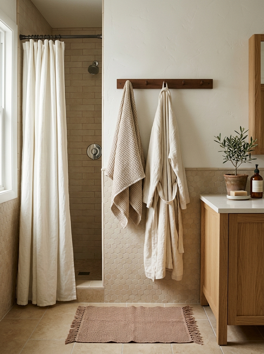 Earth tone bathroom textile detail with oatmeal waffle towels, warm white linen shower curtain, muted clay bath mat, cream robe, wood peg, oak vanity, and beige tile