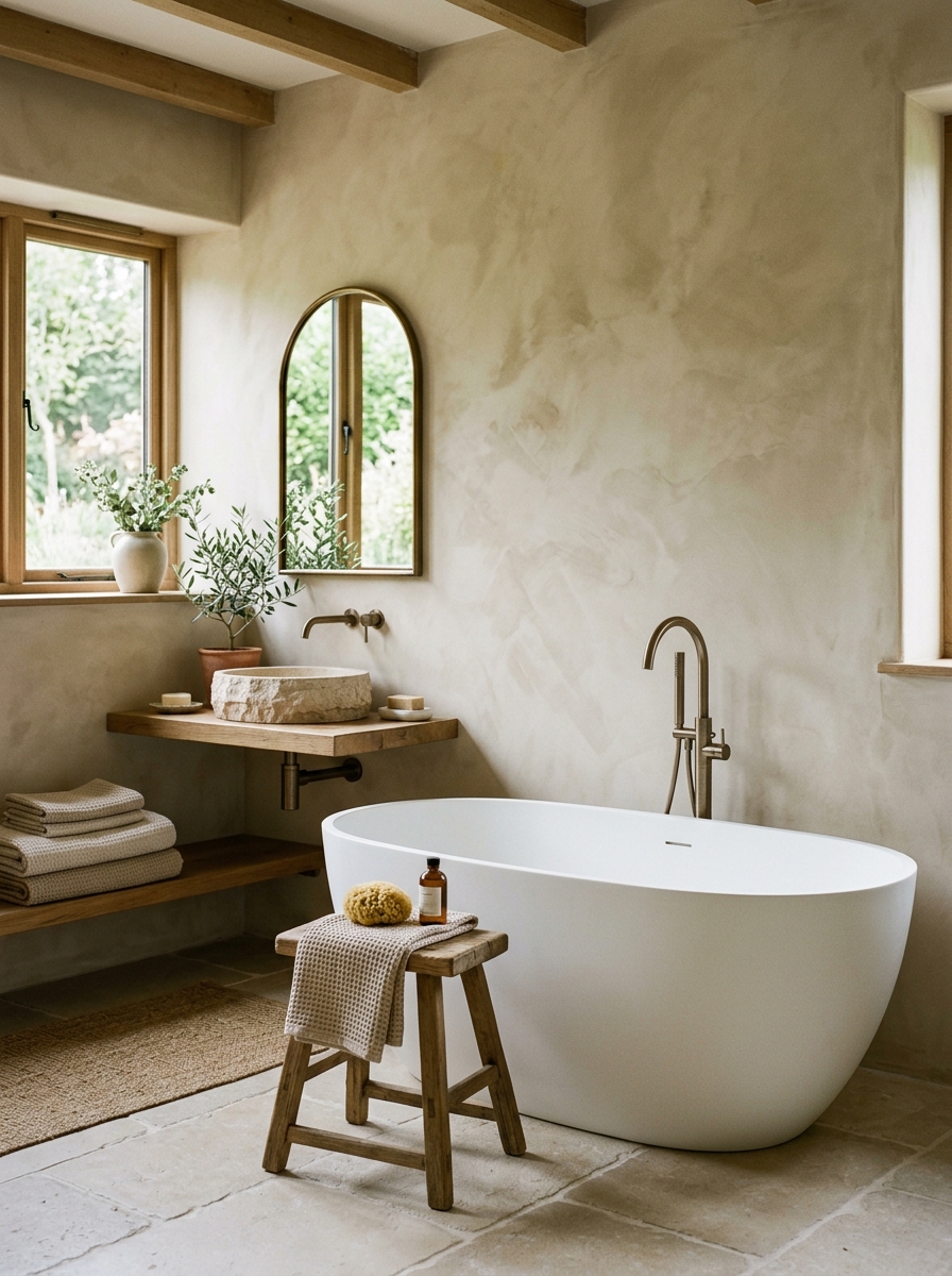 Organic bathroom with warm putty plaster walls, freestanding white bathtub, oak stool, stone basin vanity, arched bronze mirror, and linen towels