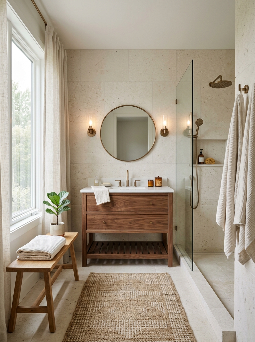 Wide earth tone bathroom combining pale limestone shower walls, medium walnut vanity, ivory linen towels, woven rug, oak bench, bronze fixtures, and plant