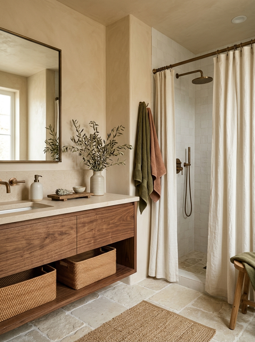 Complete earth tone bathroom with beige walls, walnut vanity, pale stone surfaces, ivory shower curtain, bronze fixtures, woven storage, clay and olive textiles, simple counter decor, and branches