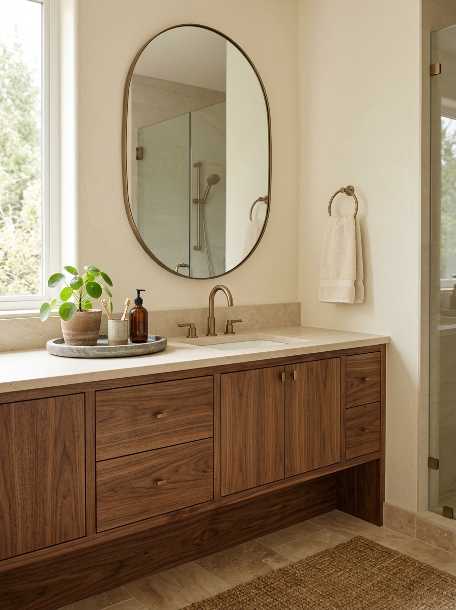Earth tone bathroom centered around a natural walnut vanity with pale limestone counter, oval mirror, bronze fixtures, ivory walls, towels, tray, and plant