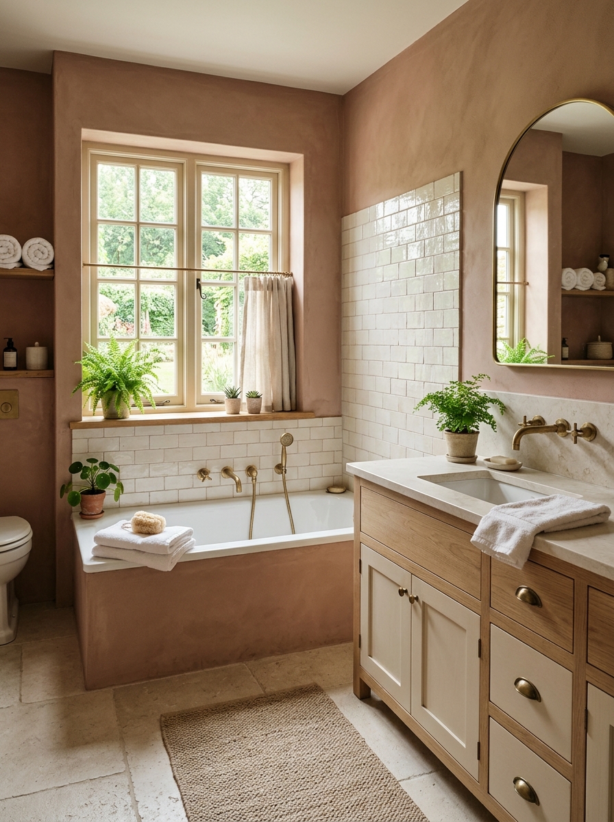 Warm bathroom with muted terracotta walls, cream cabinetry, built-in bathtub, handmade cream wall tile, light oak vanity, brass hardware, stone floor, plants, and towels
