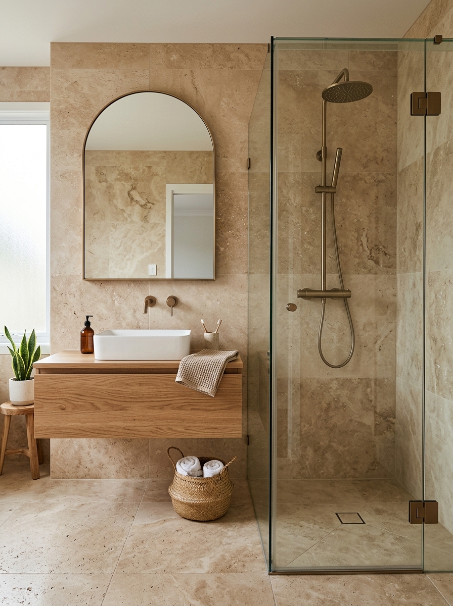 Modern earth tone bathroom with travertine-style tiles across shower walls and floor, floating oak vanity, frameless glass, bronze fixtures, arched mirror, and woven basket
