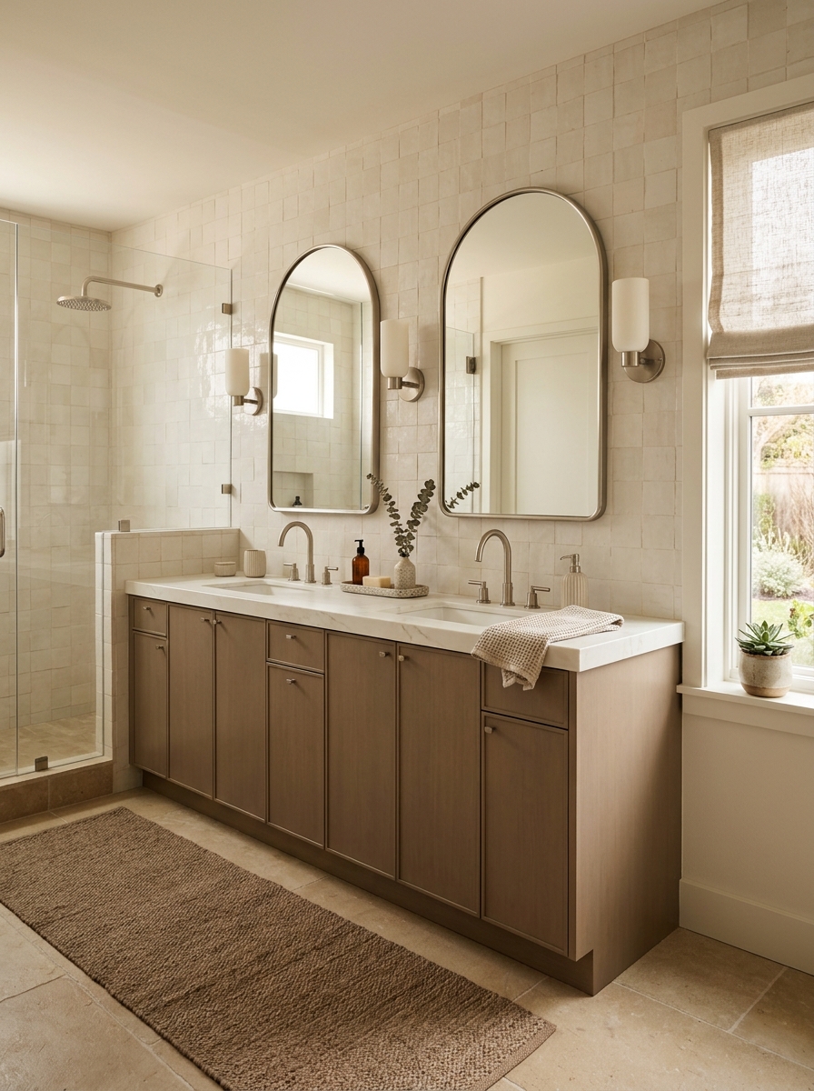 Refined bathroom with mushroom taupe vanity, warm white stone counter, two arched mirrors, brushed nickel fixtures, creamy handmade wall tile, brown runner, and ceramics
