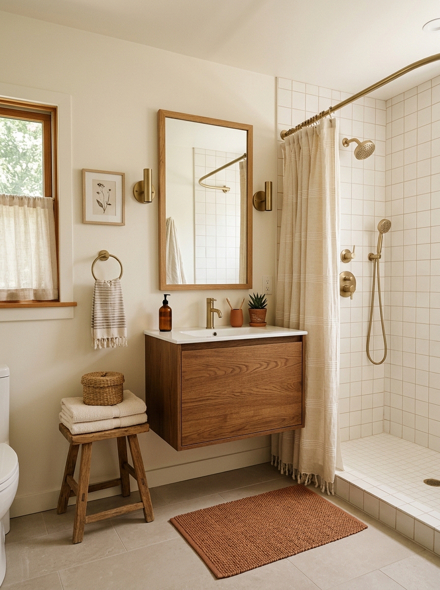 Bright earth tone bathroom with warm white walls and shower tile, caramel oak vanity, pale taupe floor, cream curtain, brass fixtures, terracotta bath mat, and wood stool