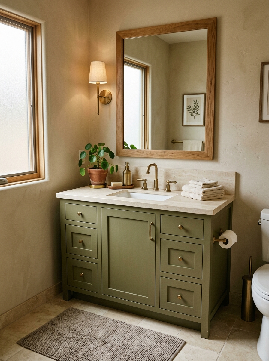 Earth tone bathroom with olive green vanity, cream stone counter, beige walls, oak mirror frame, aged brass hardware, ivory towels, leafy plant, and taupe rug