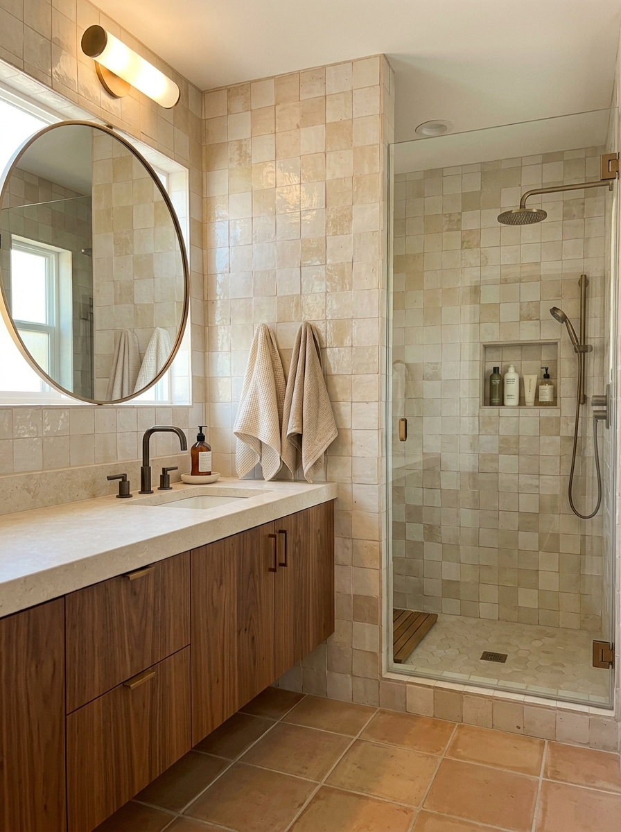 Earth tone bathroom with handmade-look cream and sand tiles behind walnut vanity and into walk-in shower, bronze fixtures, round mirror, stone counter, and linen towels