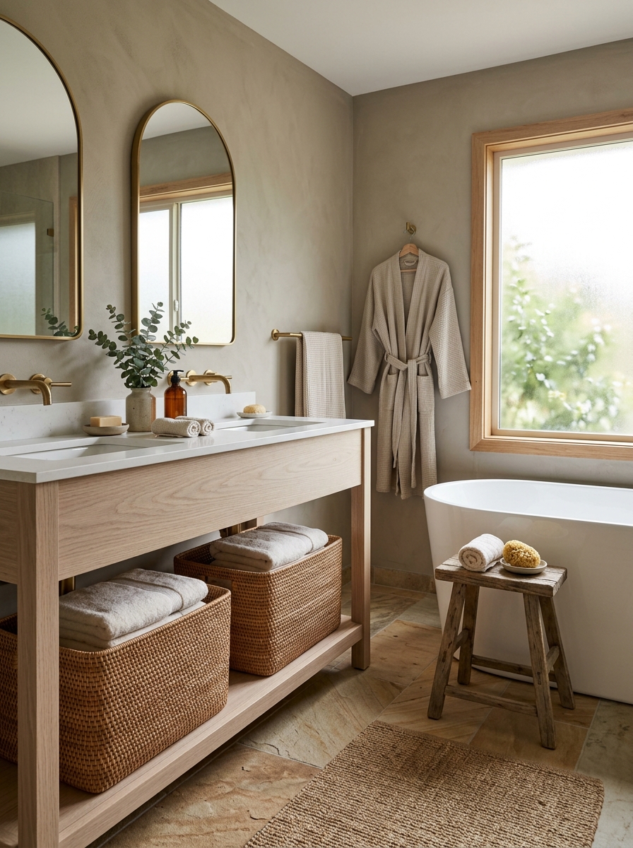 Calm earth tone bathroom with open pale oak vanity, woven baskets underneath, warm white towels, sandstone floor, freestanding tub, wood stool, robe, and natural light