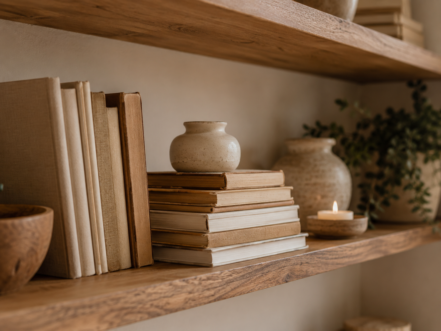 Floating shelves styled with stacked books, vertical books, ceramics, candles, and plants