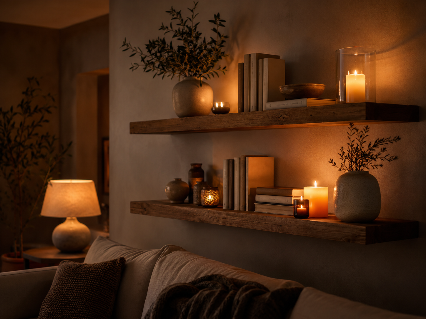Cozy floating shelves styled with candles, ceramics, books, and small plants