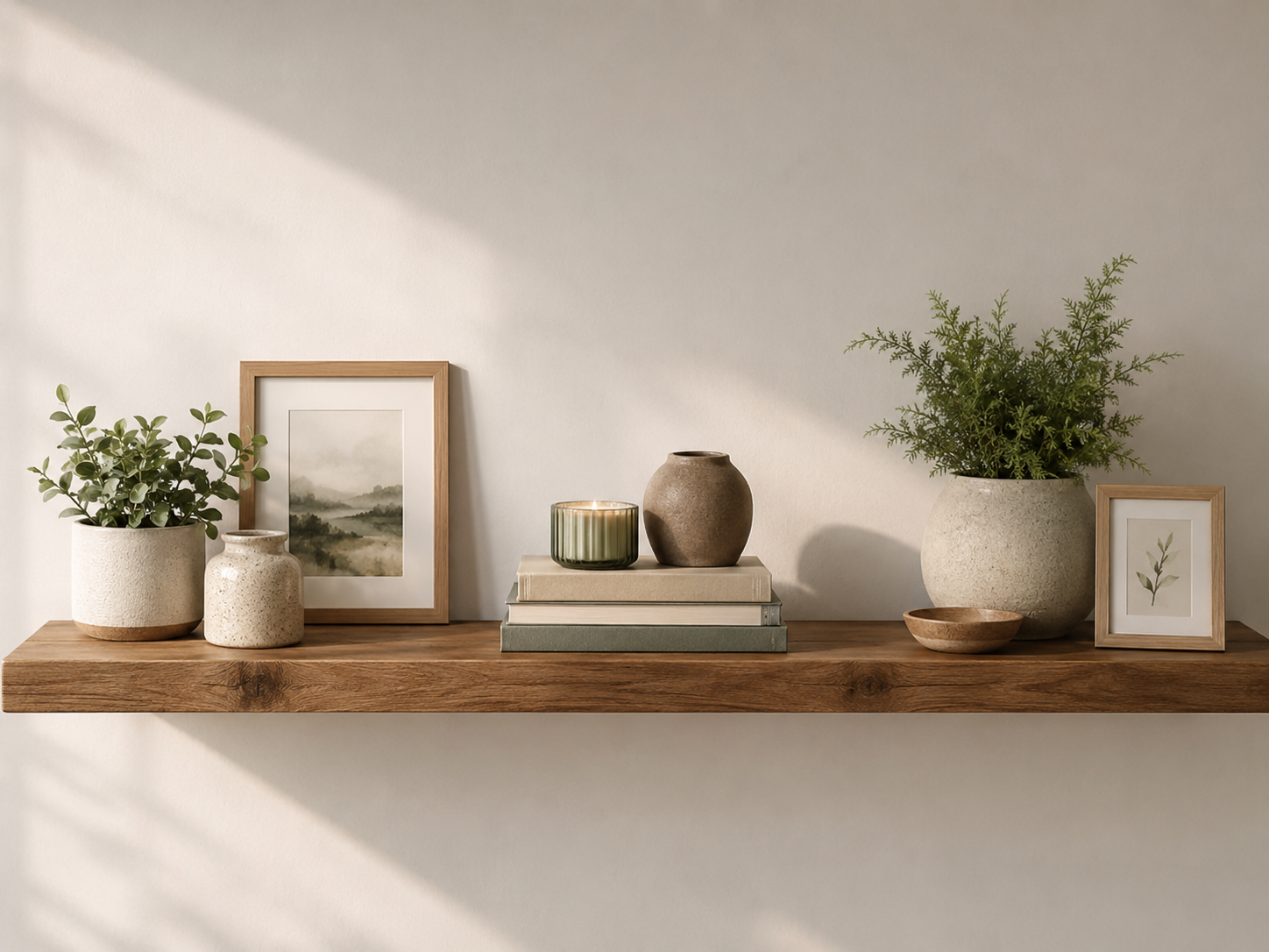Floating shelves arranged with small groups of three decor items