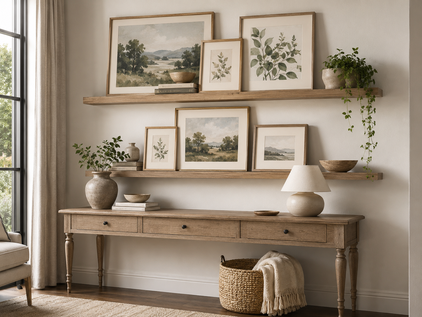 Wooden floating shelves with framed art leaning against a beige wall