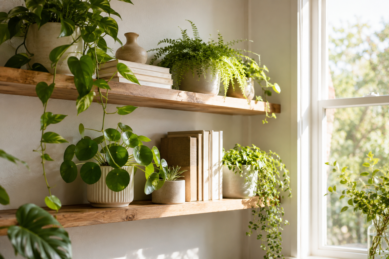 Floating shelves styled mainly with trailing and potted indoor plants