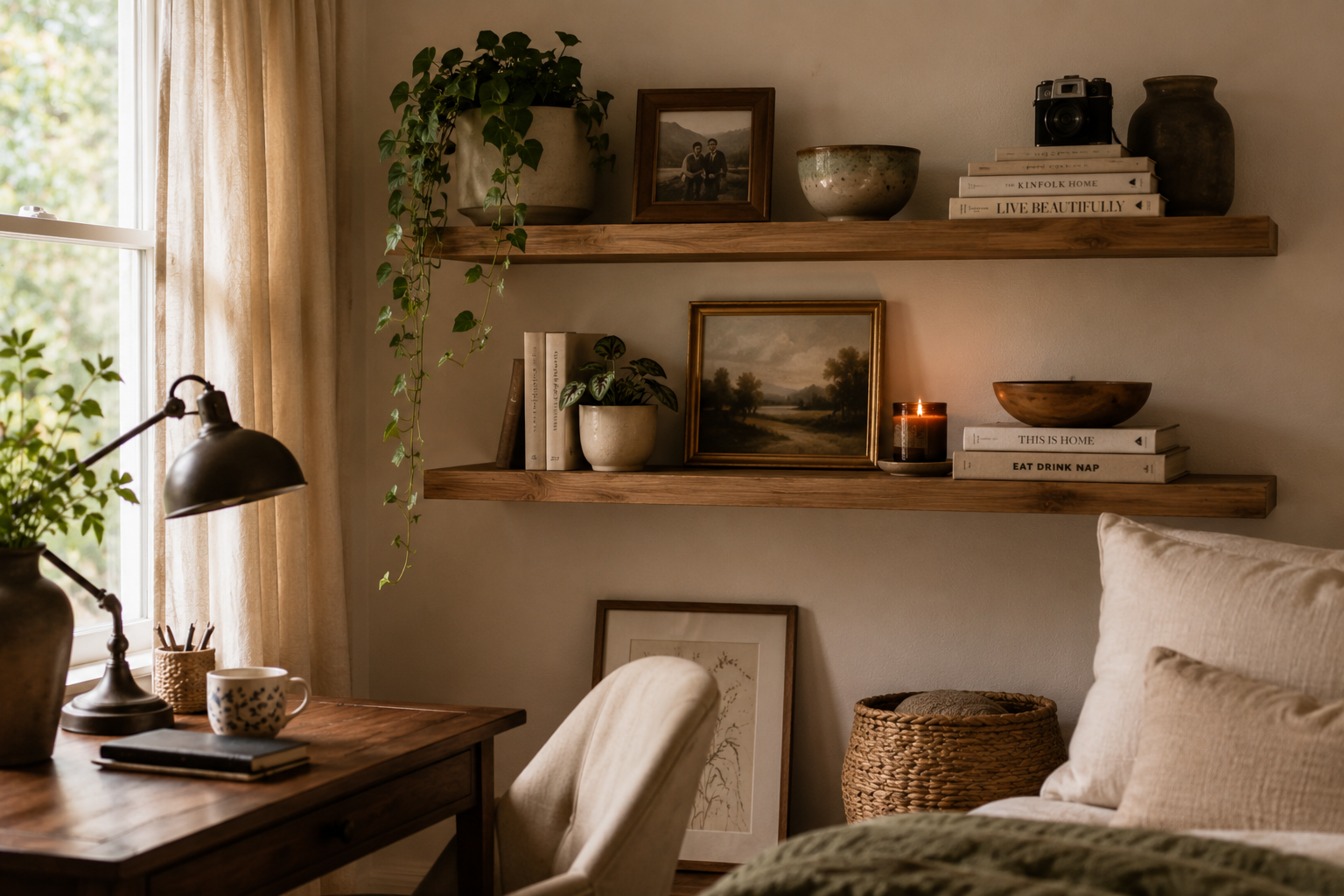 Floating shelves above a cozy living room corner with woven baskets below