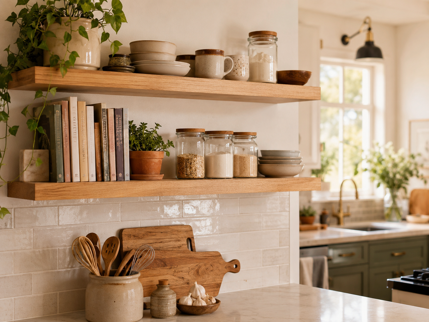 Kitchen floating shelves styled with mugs, bowls, jars, herbs, and cookbooks