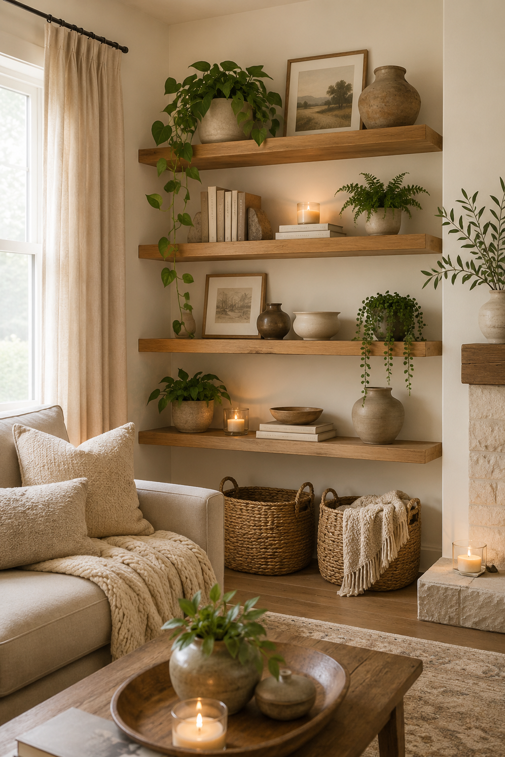 Personal cozy floating shelves with books, a framed photo, ceramics, a candle, and a plant