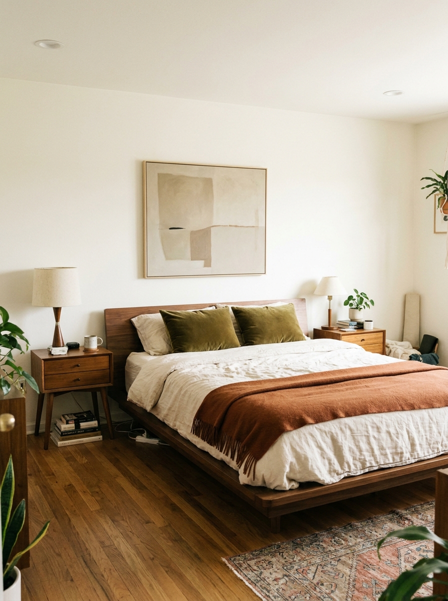 Mid-century modern bedroom centered around a low walnut platform bed with cream bedding and olive cushions