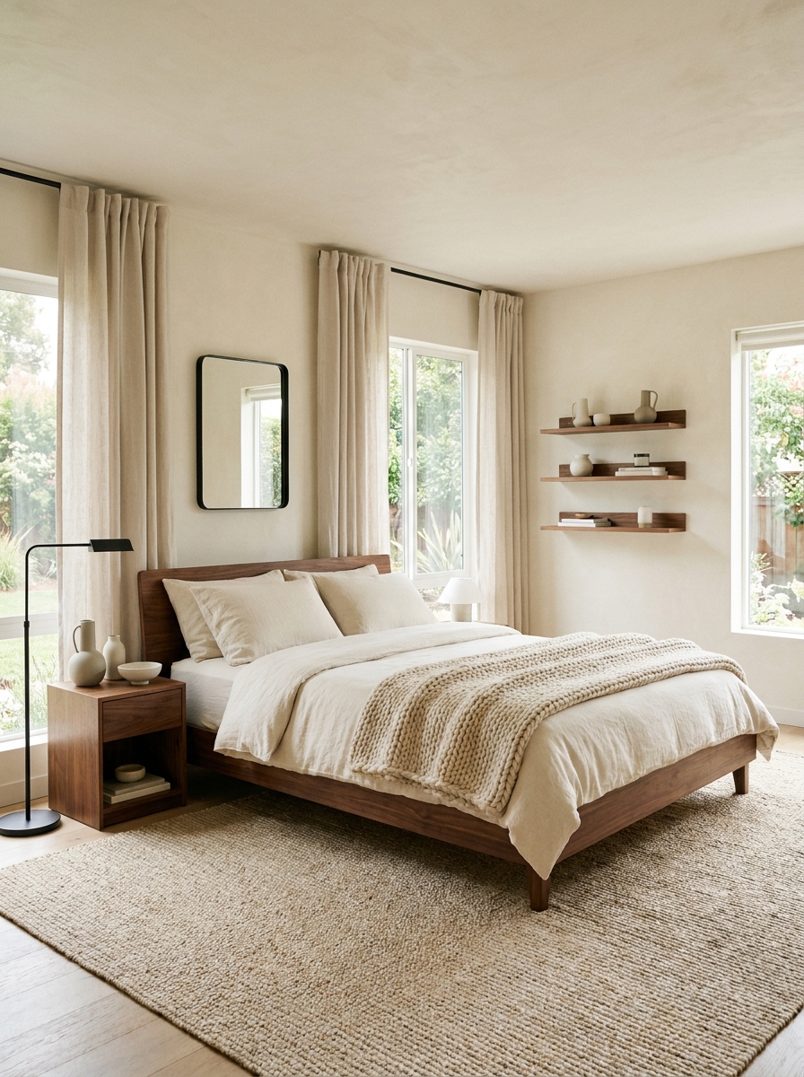 Calm mid-century modern bedroom with walnut bed, cream linen bedding, oatmeal rug, and black accents