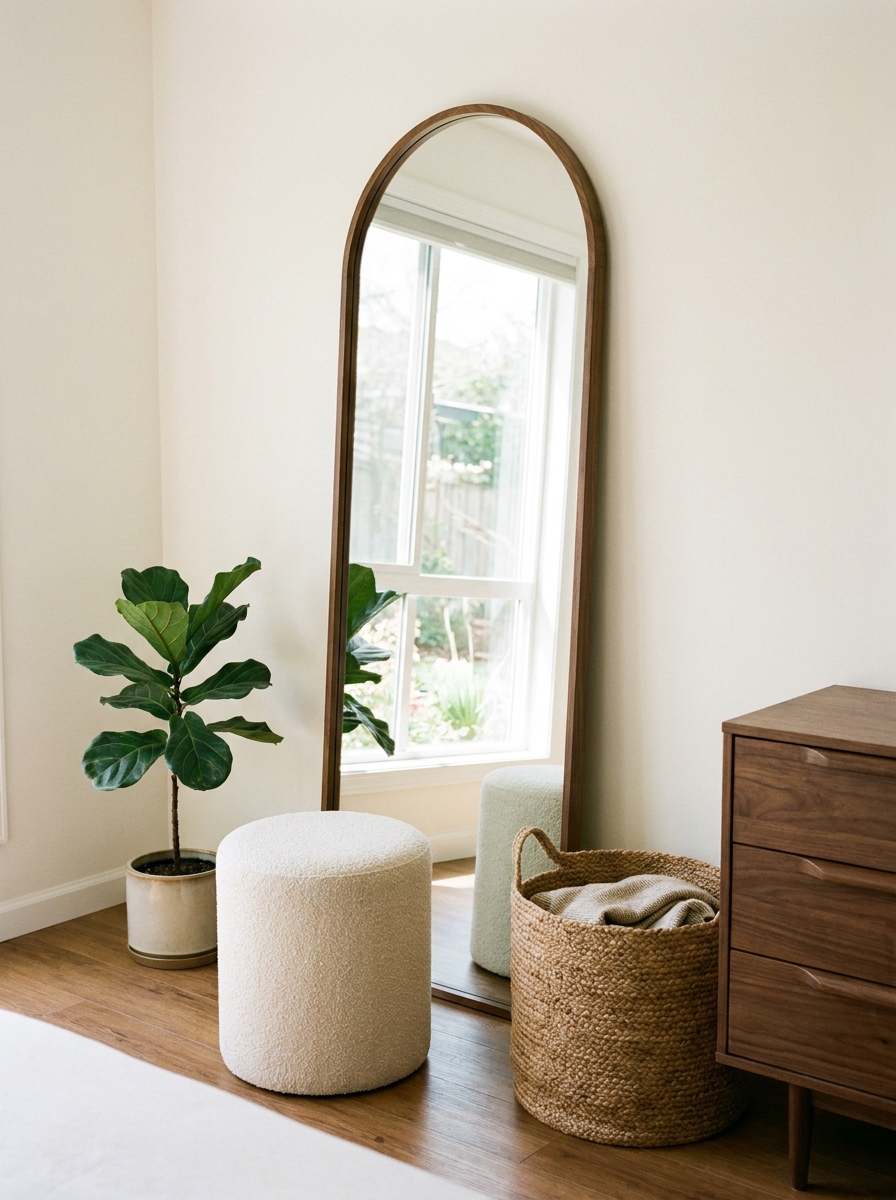 Mid-century bedroom dressing corner with an arched full-length mirror in a slim walnut frame
