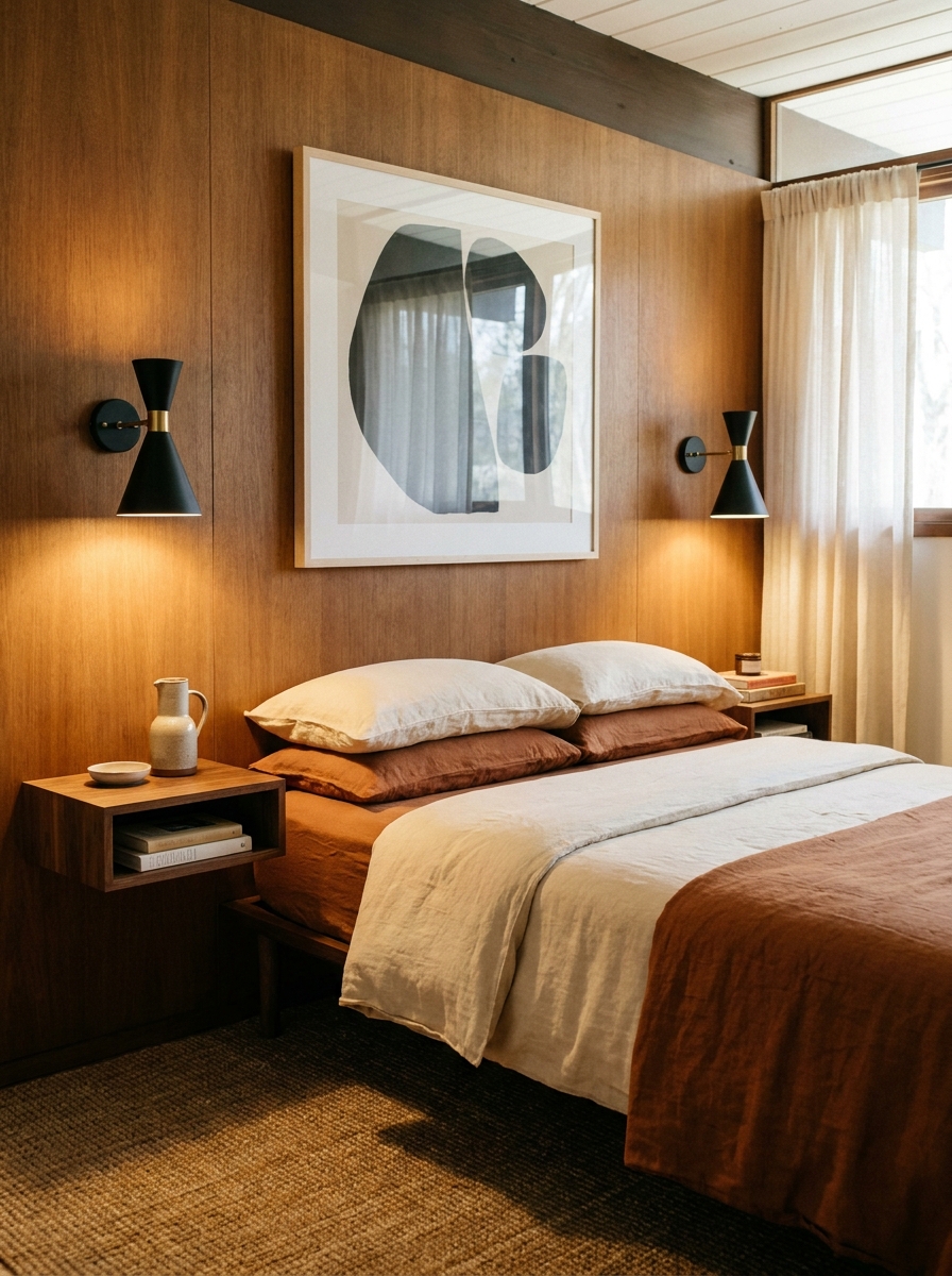 Compact mid-century bedroom with black and brass cone sconces above floating walnut nightstands