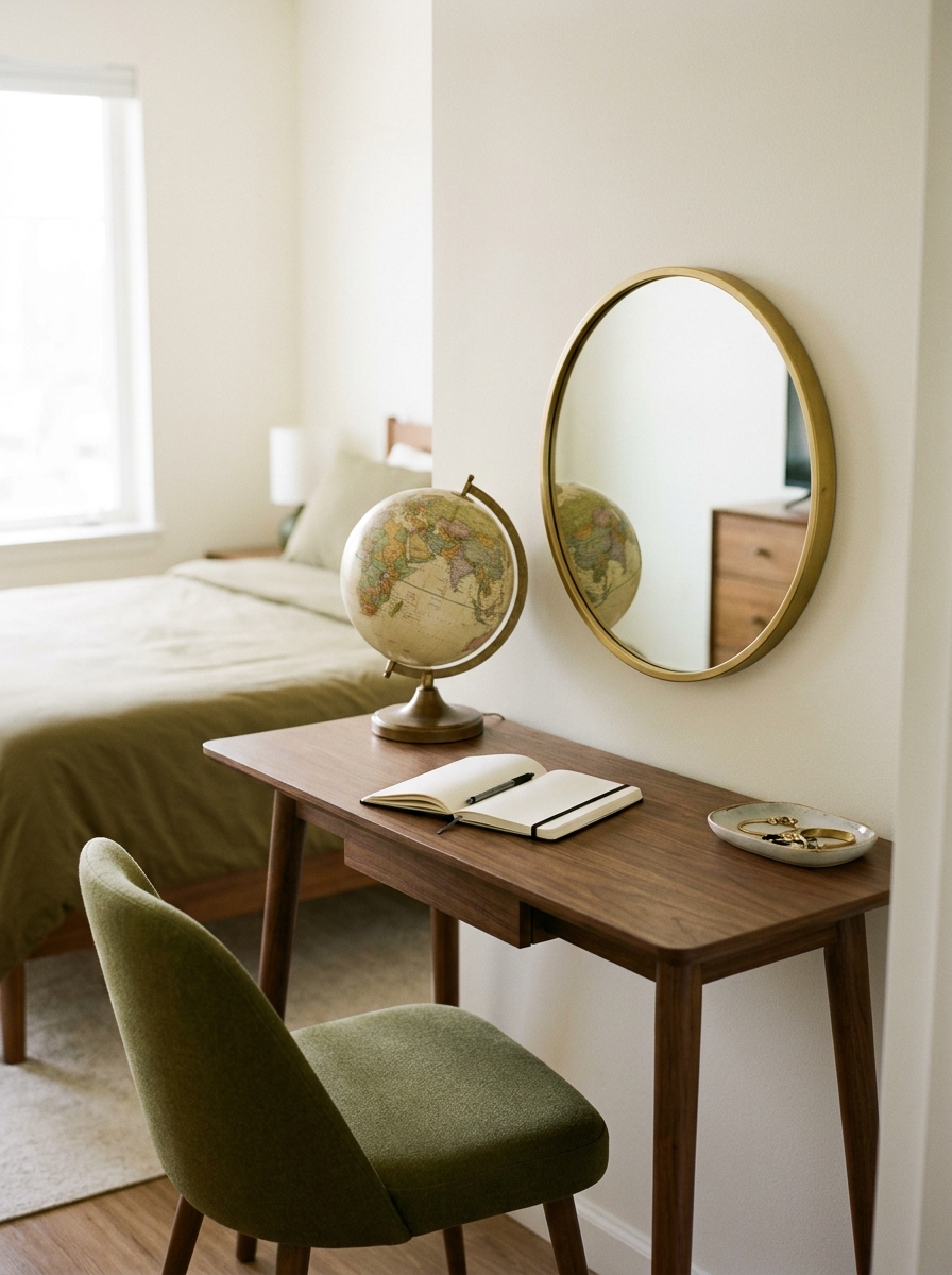 Compact walnut vanity desk with tapered legs, round brass mirror, globe lamp, and upholstered chair