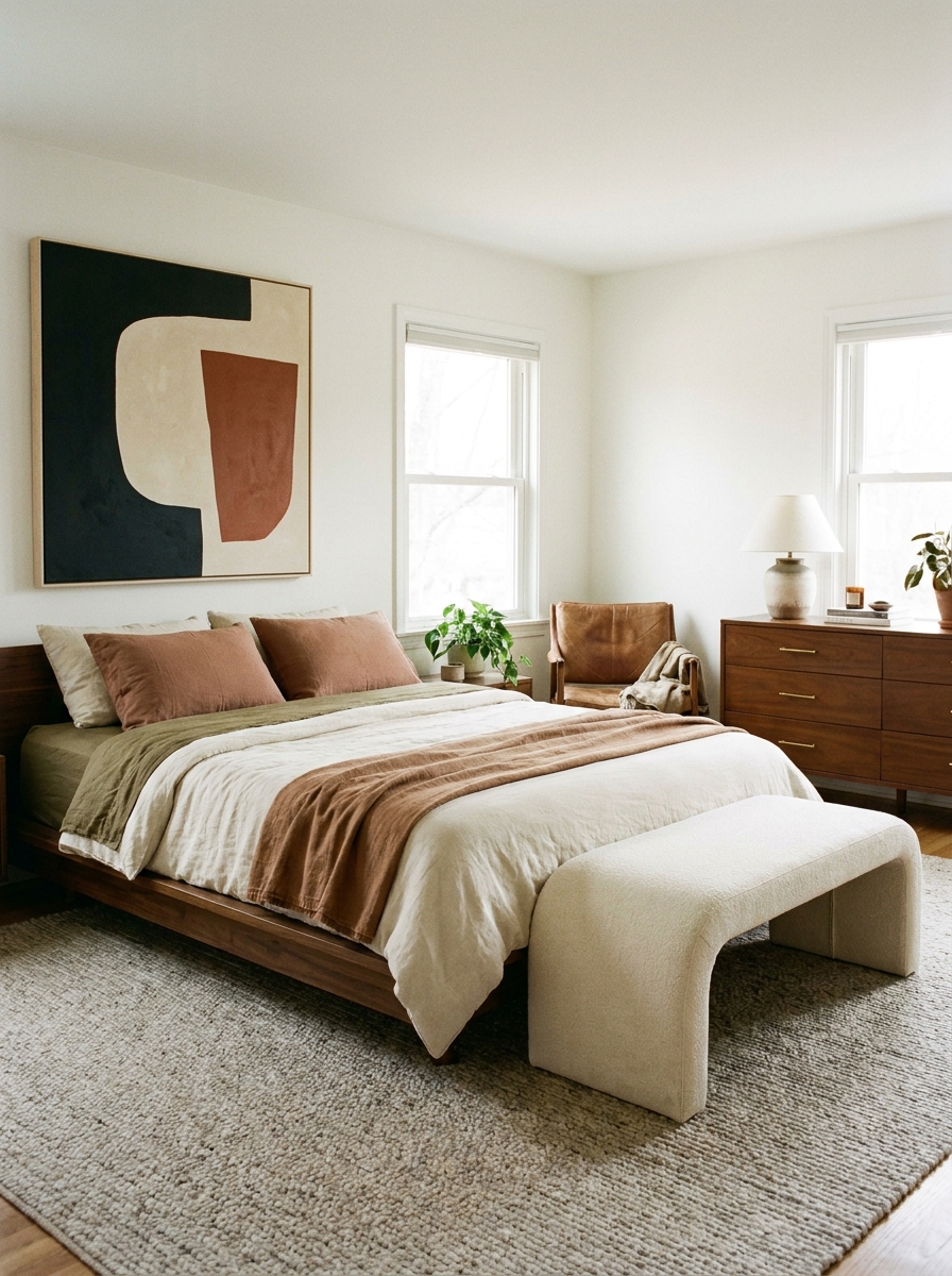 Contemporary bedroom blended with mid-century furniture, modern linen bedding, and a curved bench