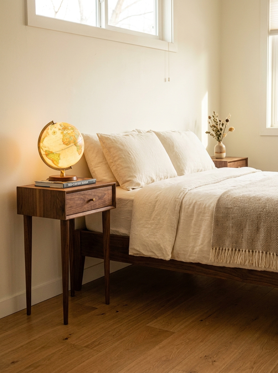 Slim walnut tapered-leg nightstands beside a neatly made mid-century modern bed