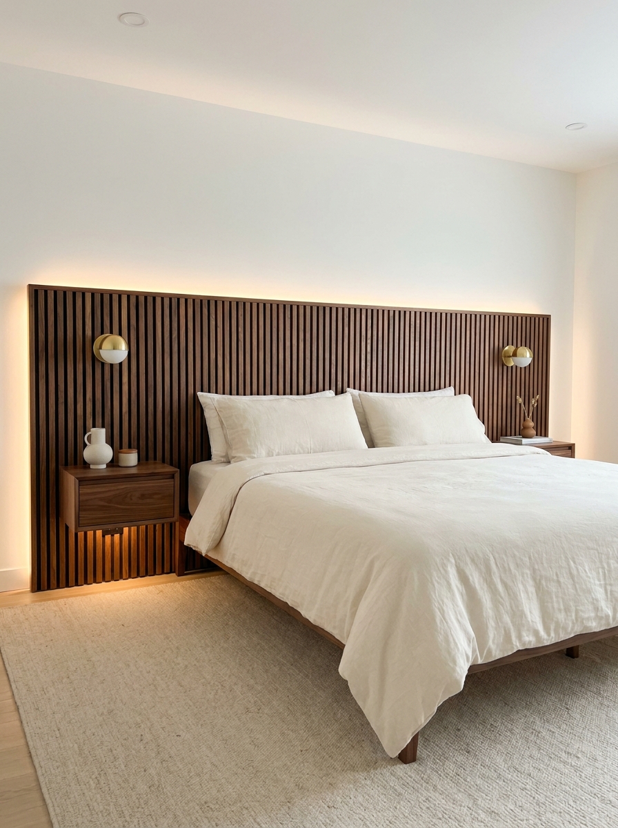 Wide walnut slatted headboard with brass globe sconces and compact floating nightstands