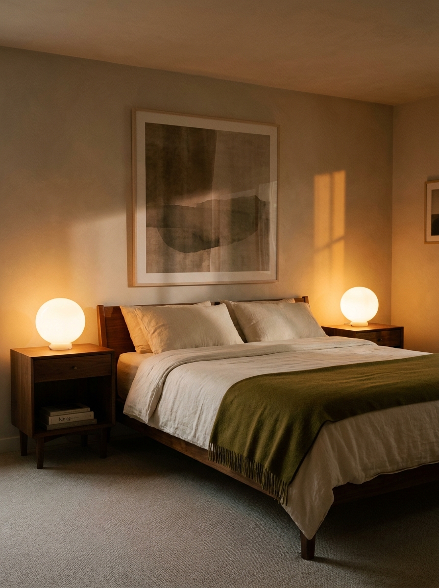 Evening mid-century modern bedroom with softly glowing opal glass globe bedside lamps