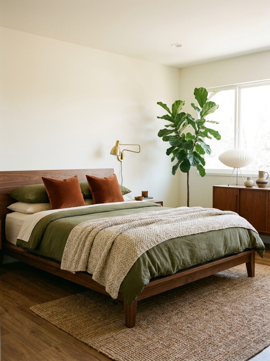 Walnut platform bed with olive green duvet, cream sheets, oatmeal throw, and rust accent cushions