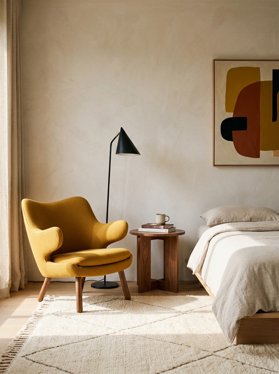 Mid-century bedroom corner with a mustard accent chair, walnut side table, and black cone floor lamp