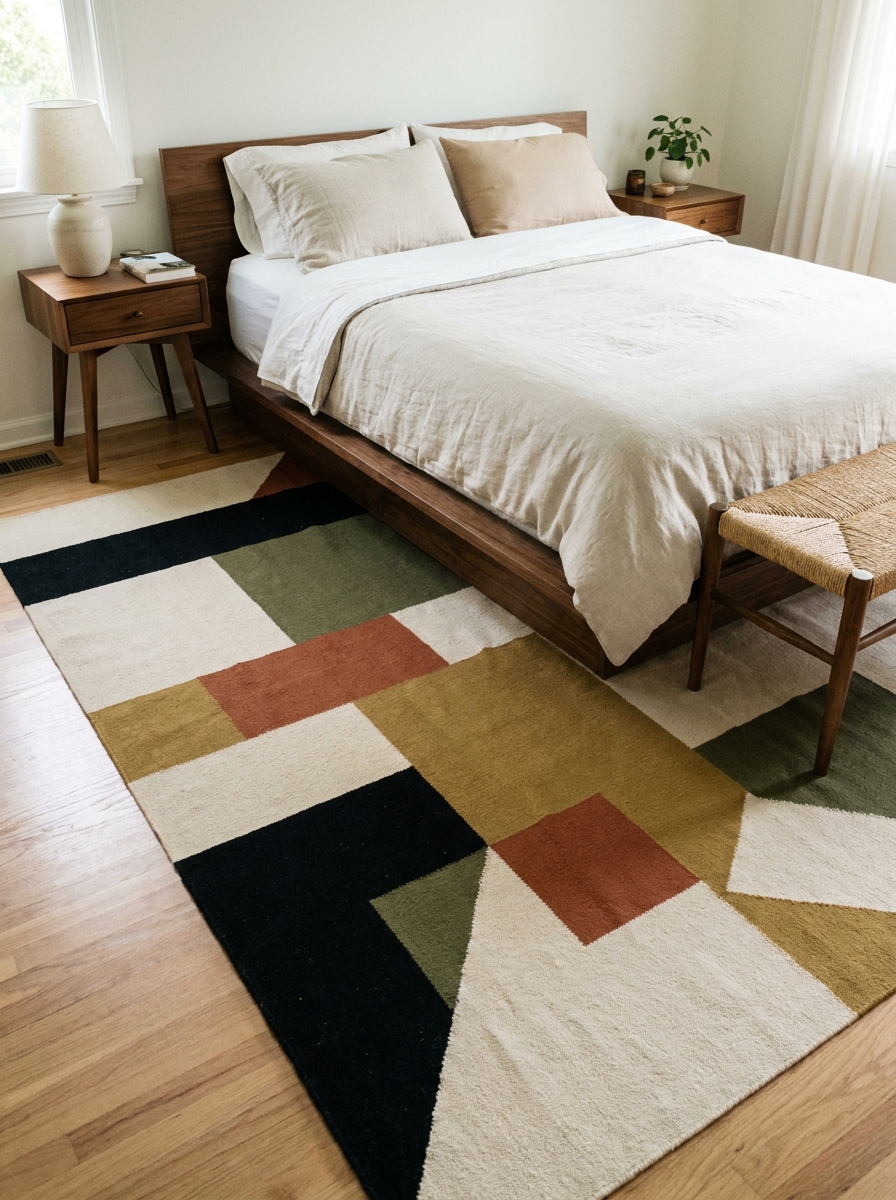 Large geometric rug in cream, black, olive, rust, and mustard beneath a walnut bed