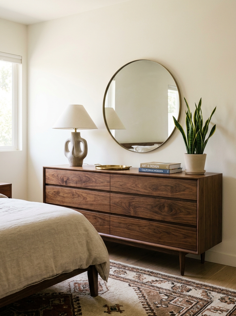 Low walnut dresser with tapered legs, round mirror, ceramic lamp, books, and one plant