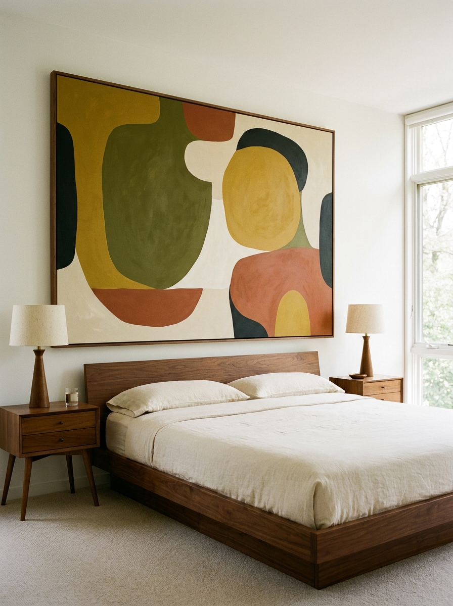 Oversized abstract artwork in olive, mustard, rust, cream, and black above a low walnut bed