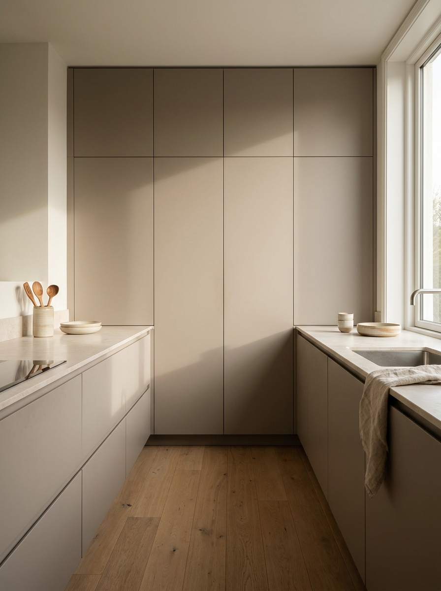 Minimalist luxury kitchen with handleless warm neutral cabinetry, pale stone surfaces, clean lines, and soft natural daylight