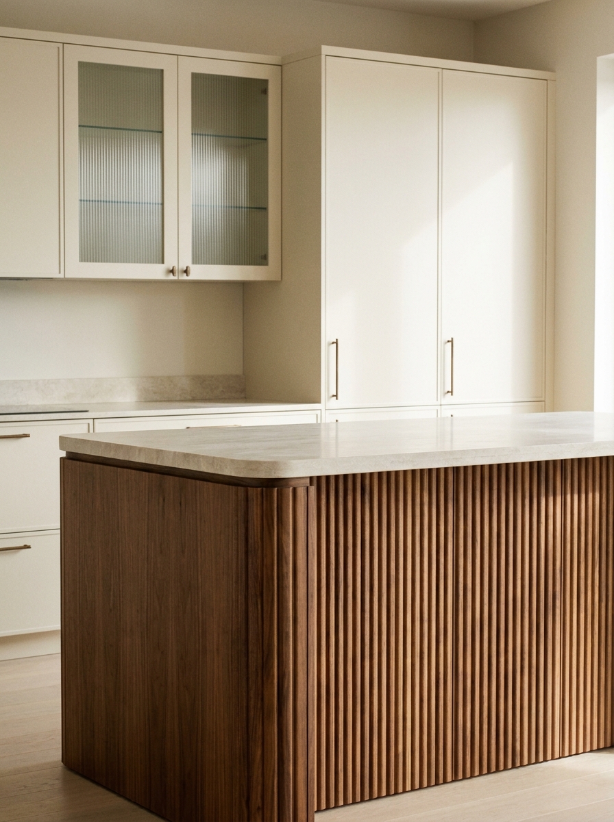 Minimalist luxury kitchen with fluted wood island detail, ribbed glass cabinet doors, pale stone, and warm neutral finishes