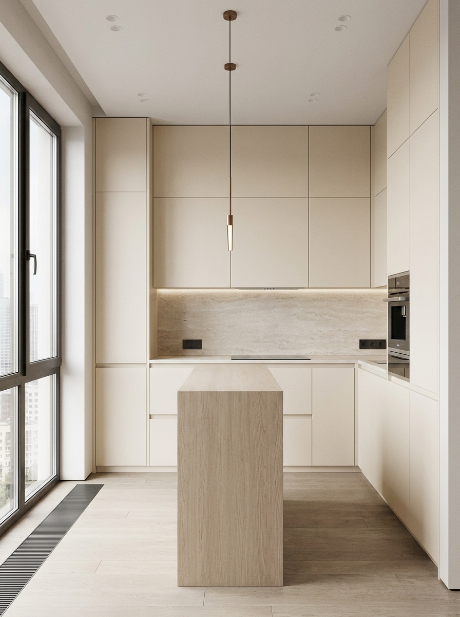 Small minimalist luxury kitchen with full-height warm cabinetry, slim peninsula, integrated storage, pale counters, and compact refined layout