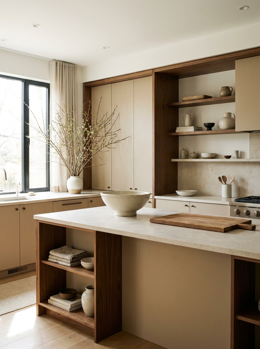 Minimalist luxury kitchen counter styled with a large ceramic bowl, wood cutting board, stone tray, linen towel, and clear surfaces