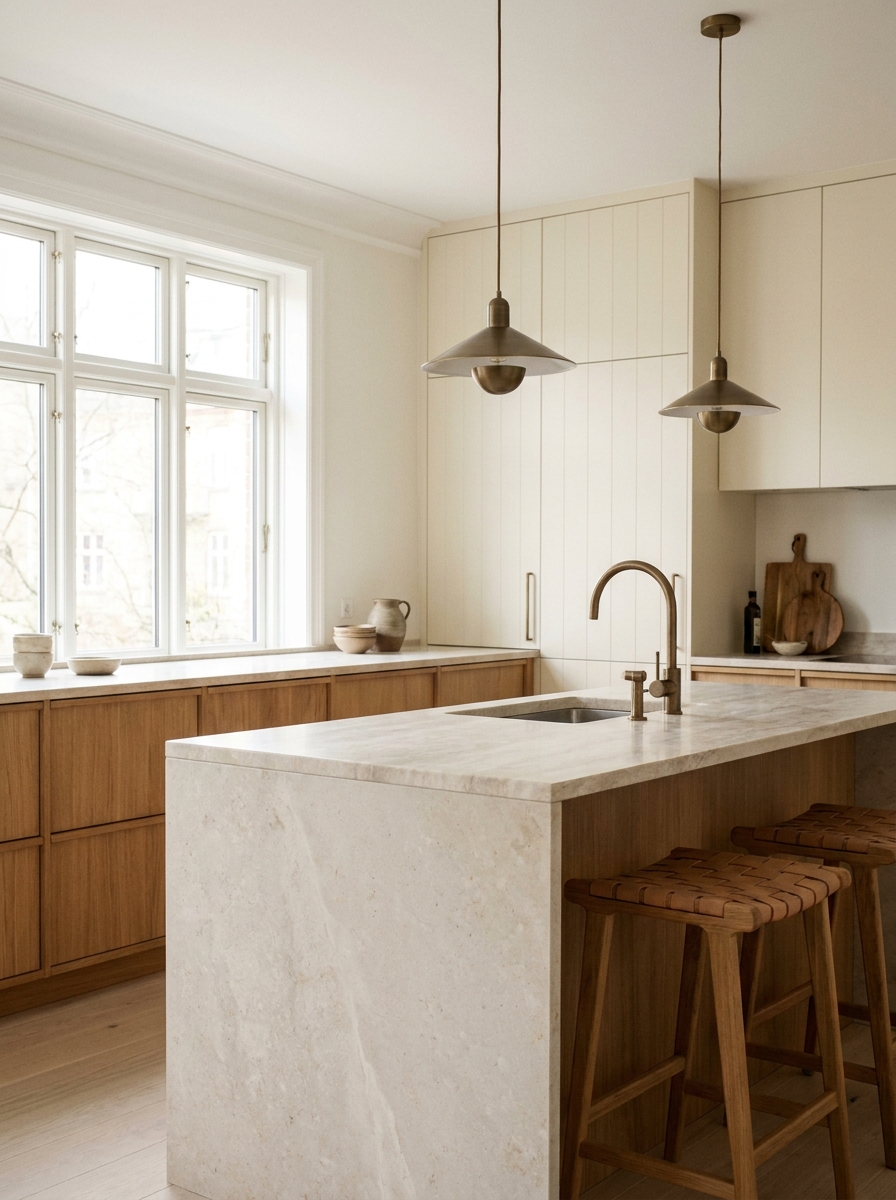 Minimalist kitchen mixing warm wood cabinetry with pale stone countertop, soft ivory walls, and restrained luxury styling