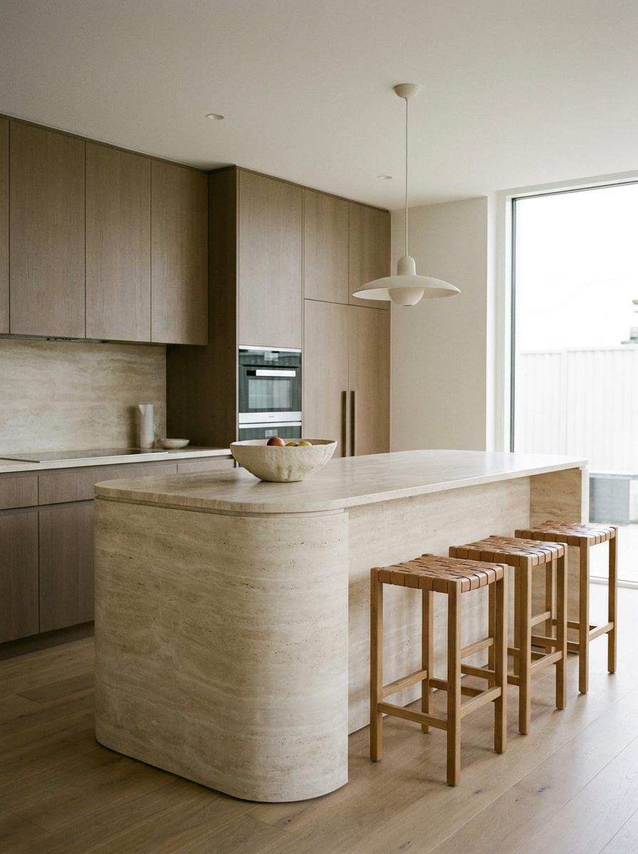 Minimalist luxury kitchen with sculptural stone island, clean cabinetry, warm wood accents, and edited counter styling