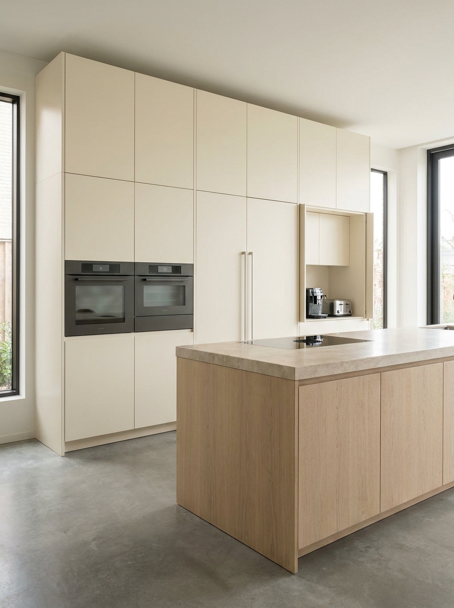 Minimalist luxury kitchen with integrated appliances hidden behind matching cabinetry and full-height storage wall